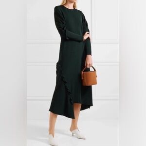 TIBI Crepe Knit Ruffle Midi Dress Spruce Green